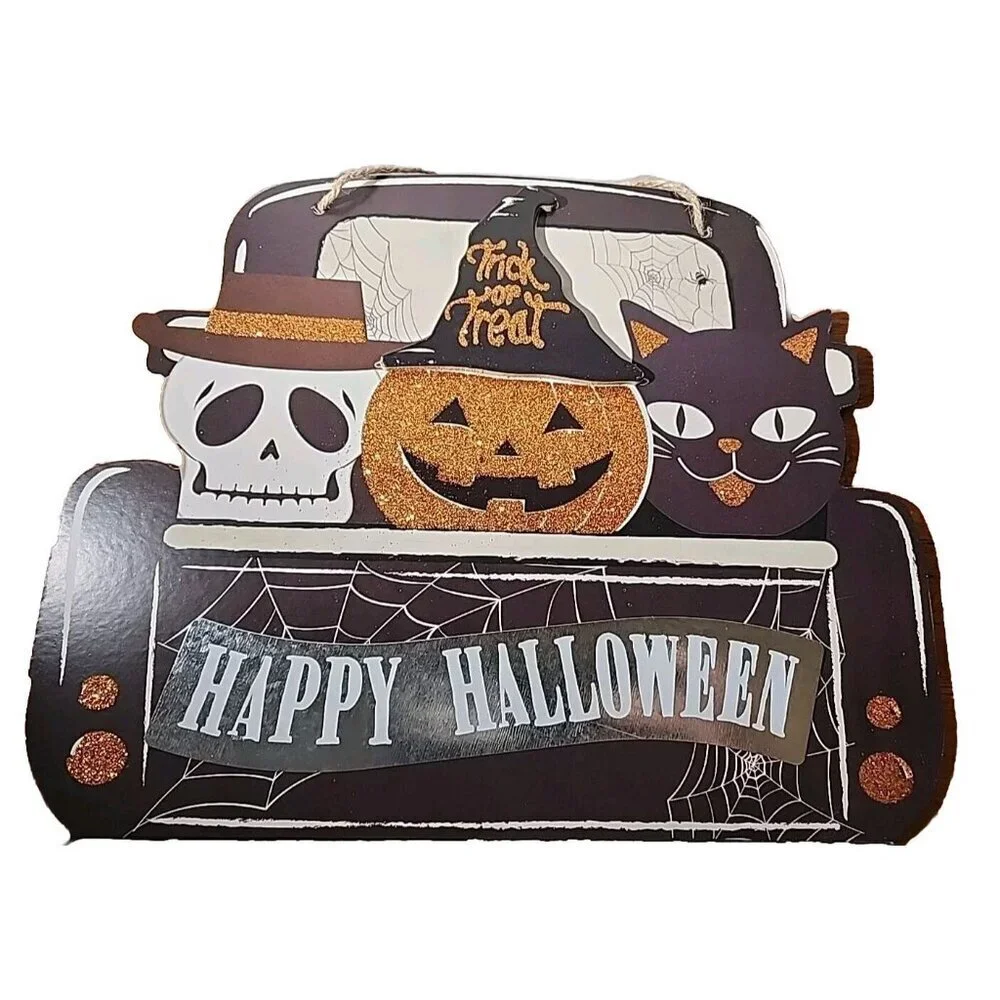 Halloween Truck Pumpkin Skull Cat Glitter Hanging Wall Door Sign Décor 11x11